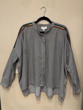 KOCH Rainbow Stripe Trim Pinstripe Oversized Blouse XS Made in USA